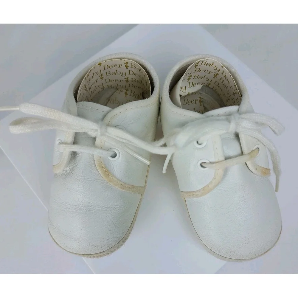 Vintage Baby Deer Infant‎ Crib Shoes Size 2 In Box White Leather Laceup